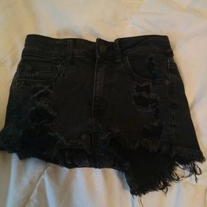 Distressed black denim shorts